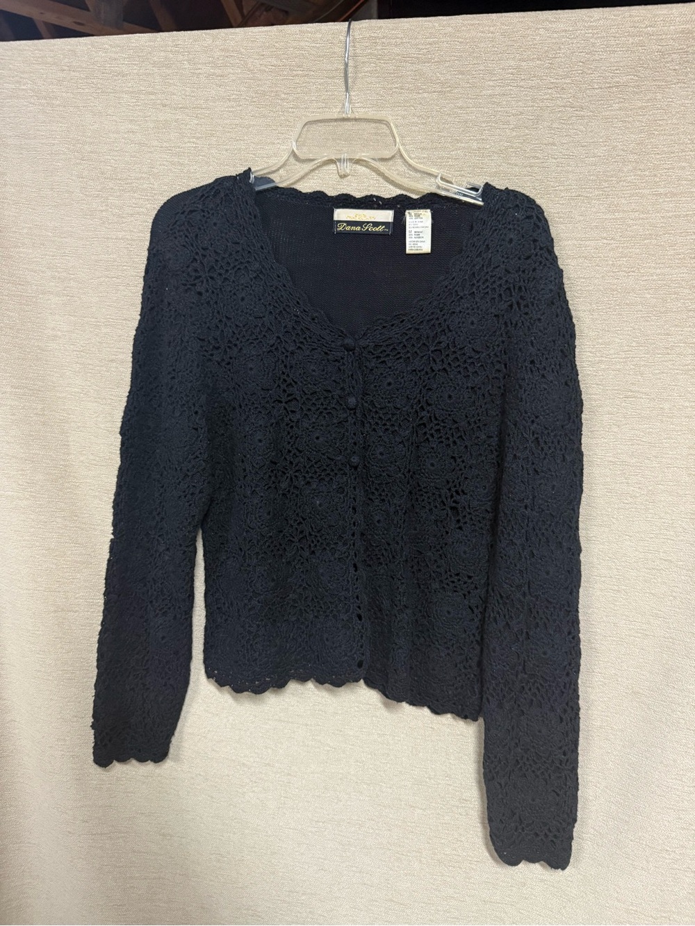 Dana Scott Black Crochet Button-Front Cardigan Sweater